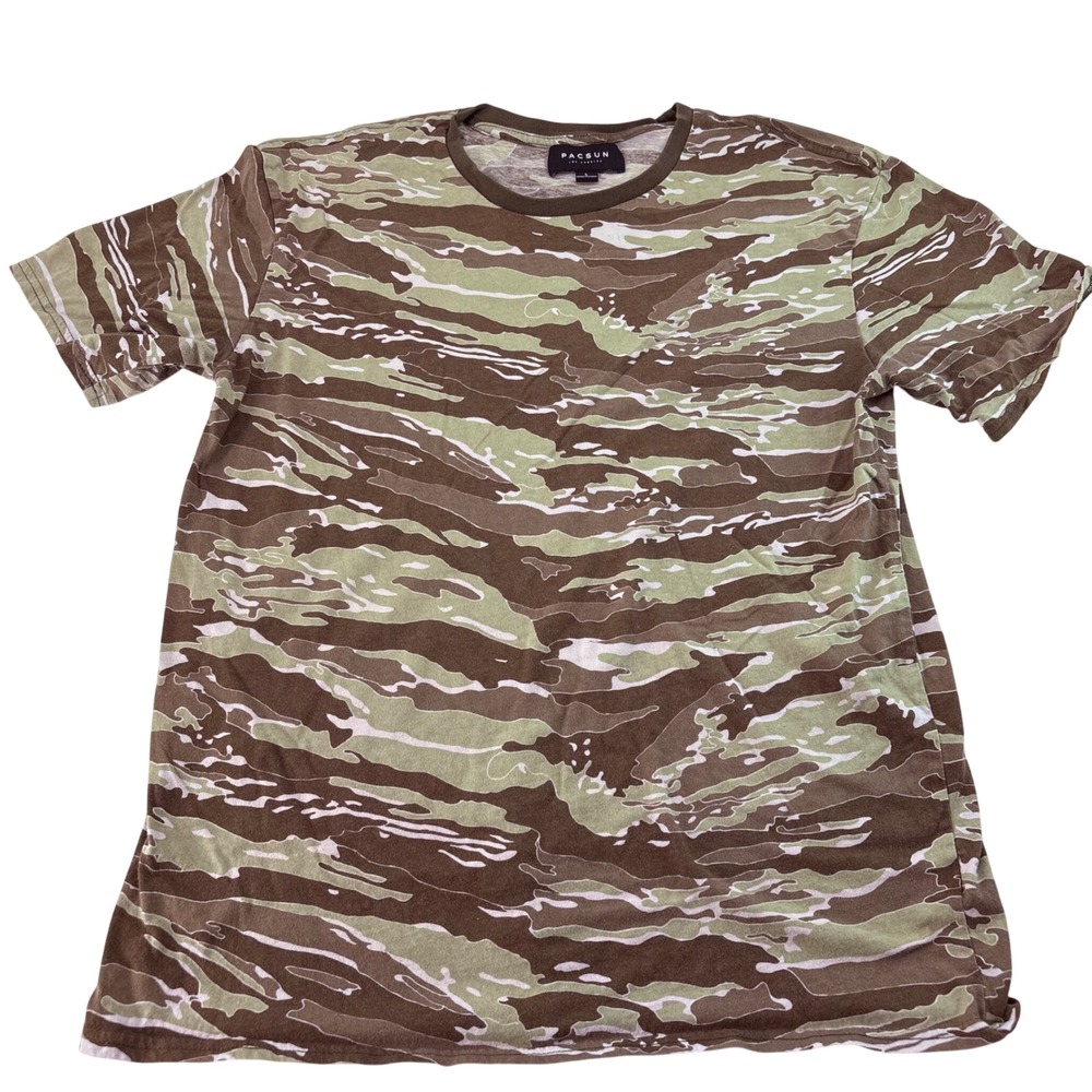PacSun Mens Large Tiger Stripe Camo T-Shirt Brown Green Cotton Crewneck Tee 5570